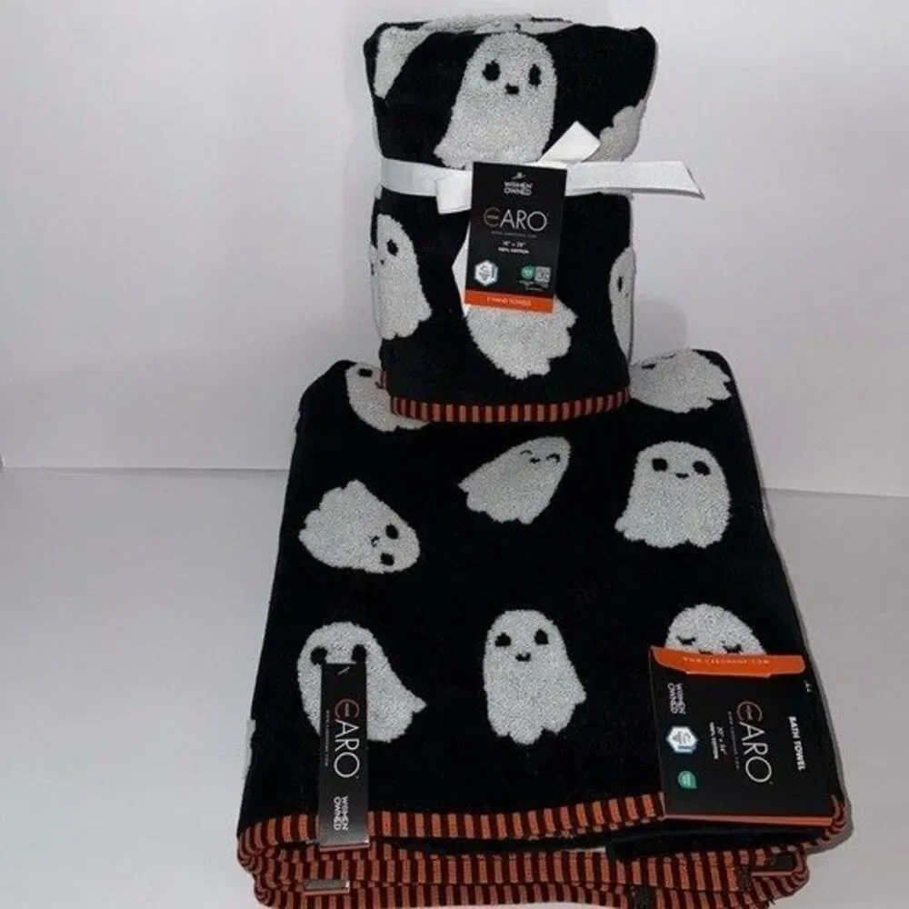 Caro 4 Piece Cotton Bath Towel Set Halloween Black Orange White Raised Ghosts